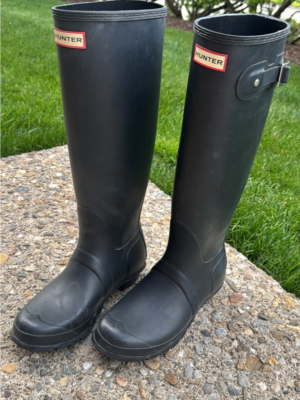 Hunter Black Rubber Tall Rain Boots with Logo Interior
